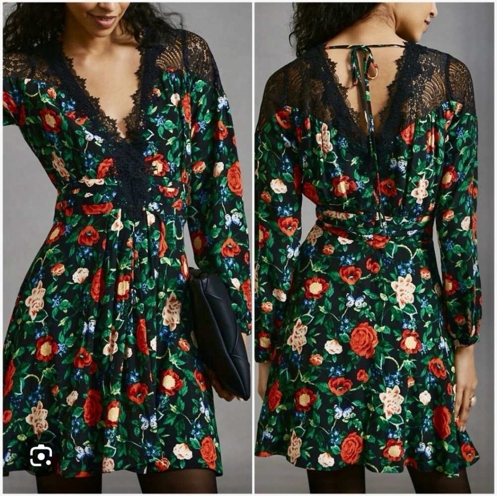By Anthropologie Lacy V Neck Floral Mini Dress Long Sleeves Size 8 Romantic - Picture 1 of 16